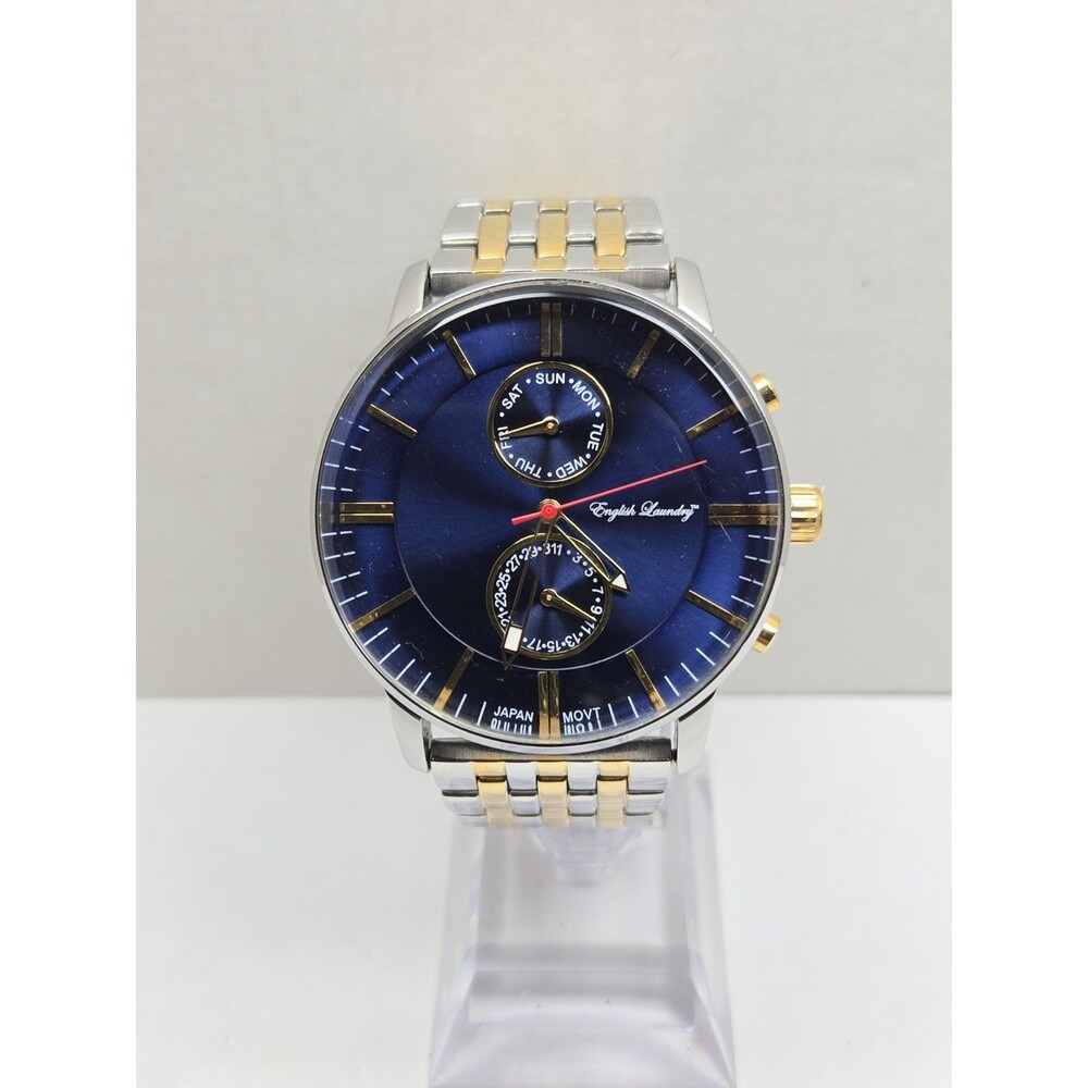 English Laundry EL7953 Mens Quartz Watch Blue Dial Two Tone Day Date New Battery